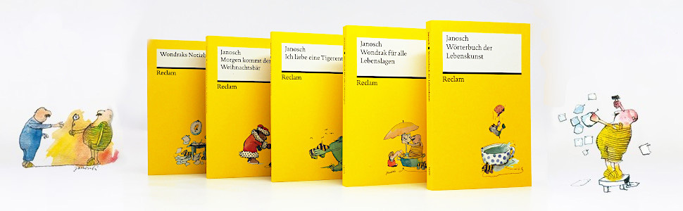 Diverse Janosch-Titel, darunter "Wondraks Notizbuch", "Wörterbuch des Lebenskunst" und weitere. 
