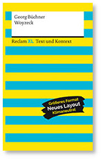 Cover, gelb-blau gestreiftes Design zu Reclam XL Text und Kontext für Woyzeck von Georg Büchner
