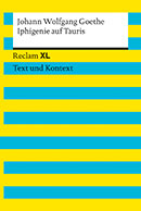 Reclam XL und Kontext Cover: gelber Hintergrund mit blauen Querstreifen, weißem Textfeld für Autor und Titel, darunter schwarzer Balken und Reclam Logo