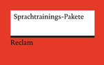 Roter Hintergrund mit weißem Textfeld im Reclam Design mit schwarzem Balken am unteren Rand, darunter Reclam Logo, im Text Sprachtrainings-Pakete