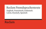 Roter Hintergrund mit weißem Textfeld im Reclam Design mit schwarzem Balken am unteren Rand, darunter Reclam Logo, im Text Fremdsprachentexte Englisch, Französisch, Italienisch, Latein, Russisch, Spanisch